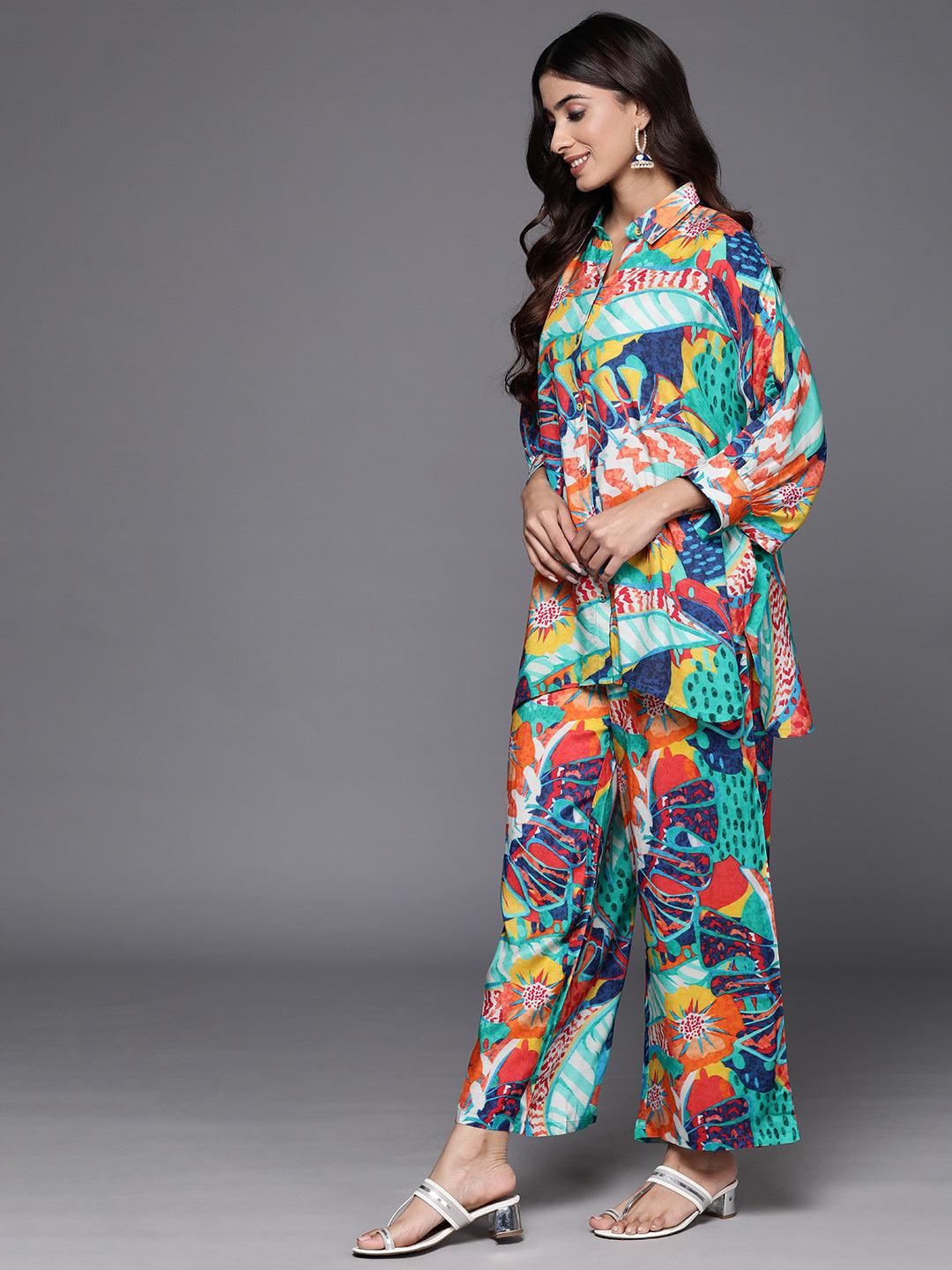 Multicoloured Printed Cotton Blend Shirt With Palazzos - ShopLibas 