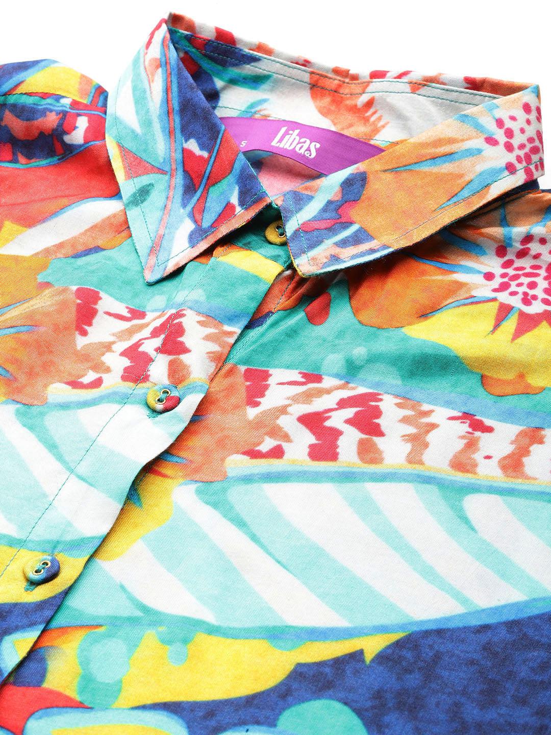 Multicoloured Printed Cotton Blend Shirt With Palazzos - ShopLibas 