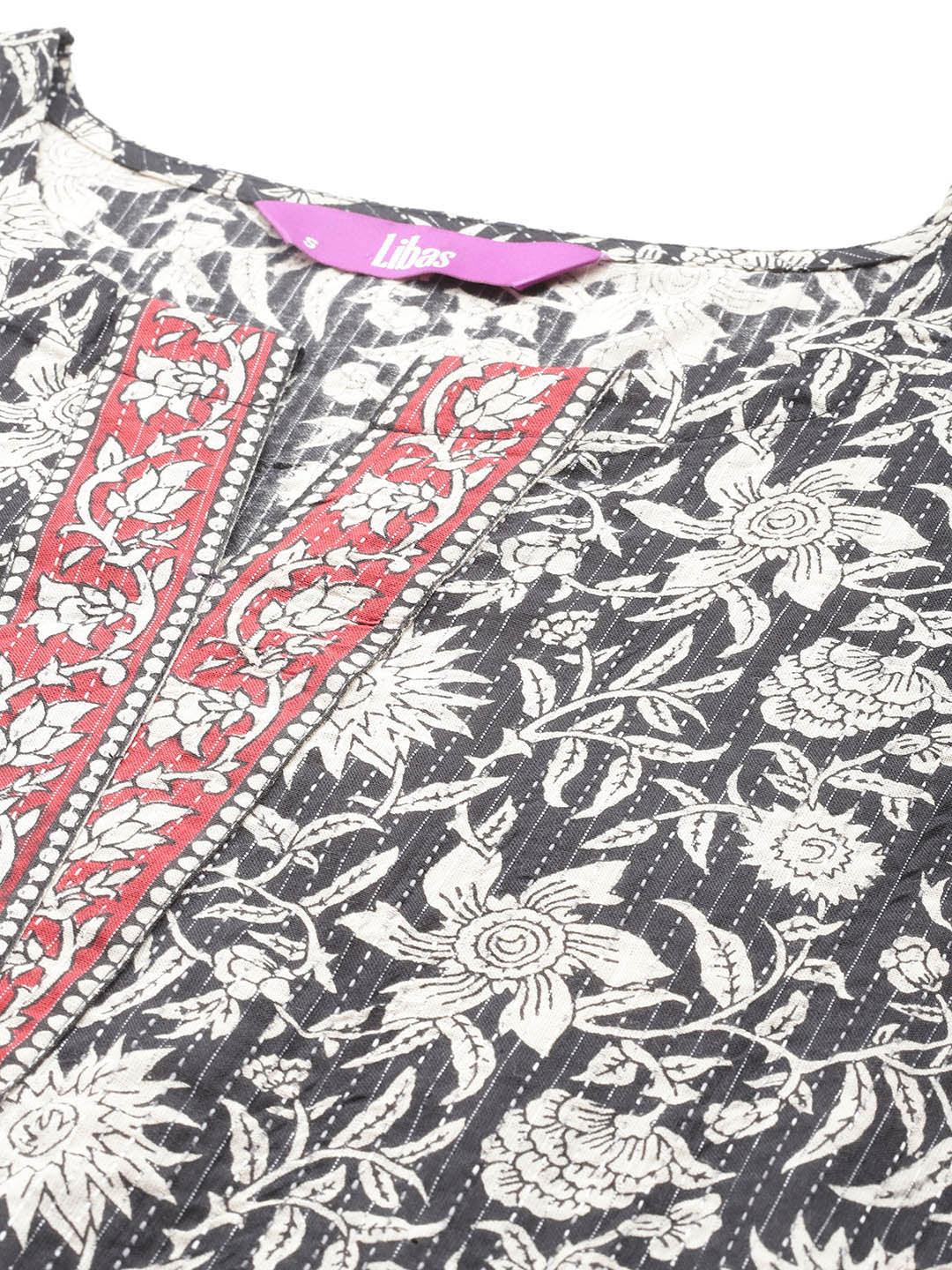Black Printed Cotton Straight Kurta With Trousers & Dupatta - ShopLibas 
