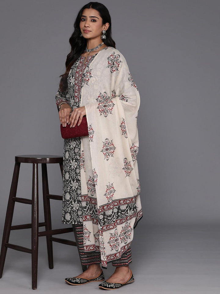 Black Printed Cotton Straight Suit With Dupatta