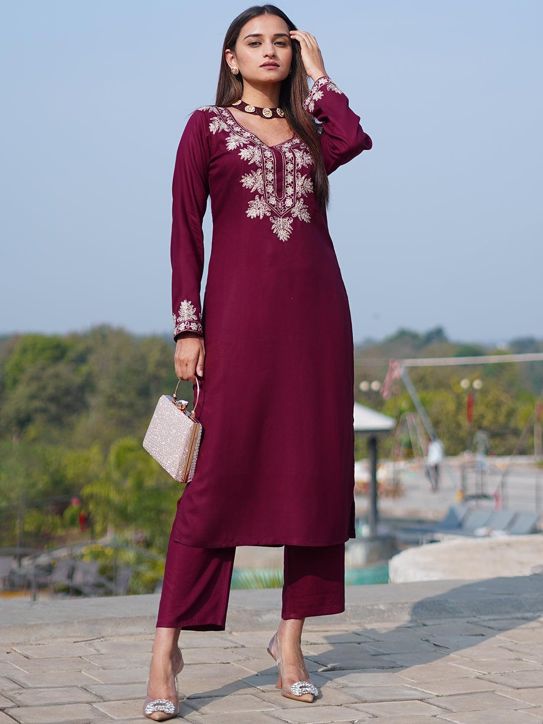 Maroon Yoke Design Wool Blend Straight Kurta With Palazzos - ShopLibas 