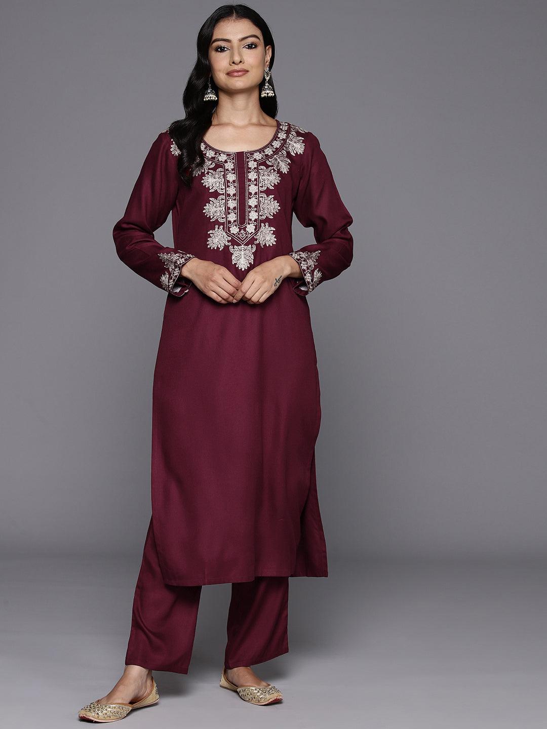 Maroon Yoke Design Wool Blend Straight Kurta With Palazzos - ShopLibas 