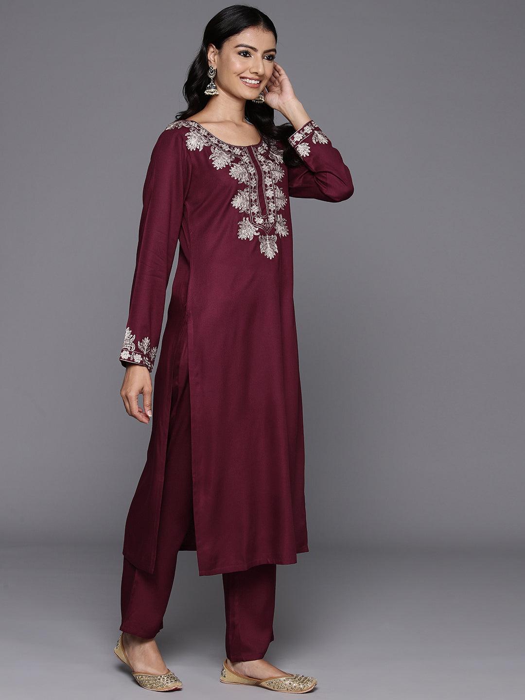 Maroon Yoke Design Wool Blend Straight Kurta With Palazzos - ShopLibas 