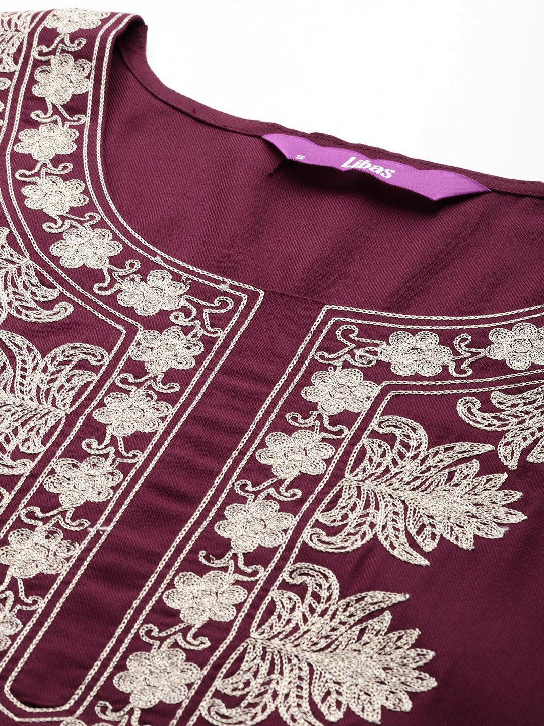 Maroon Yoke Design Wool Blend Straight Kurta With Palazzos - ShopLibas 