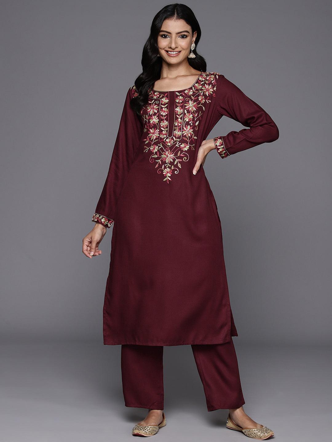Maroon Yoke Design Wool Blend Straight Kurta With Palazzos - ShopLibas 