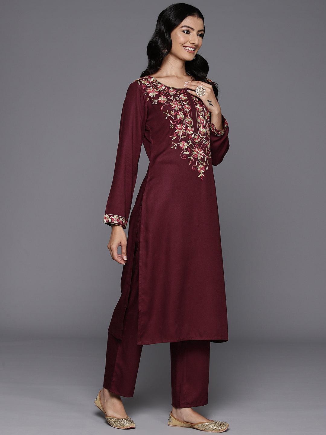 Maroon Yoke Design Wool Blend Straight Kurta With Palazzos - ShopLibas 