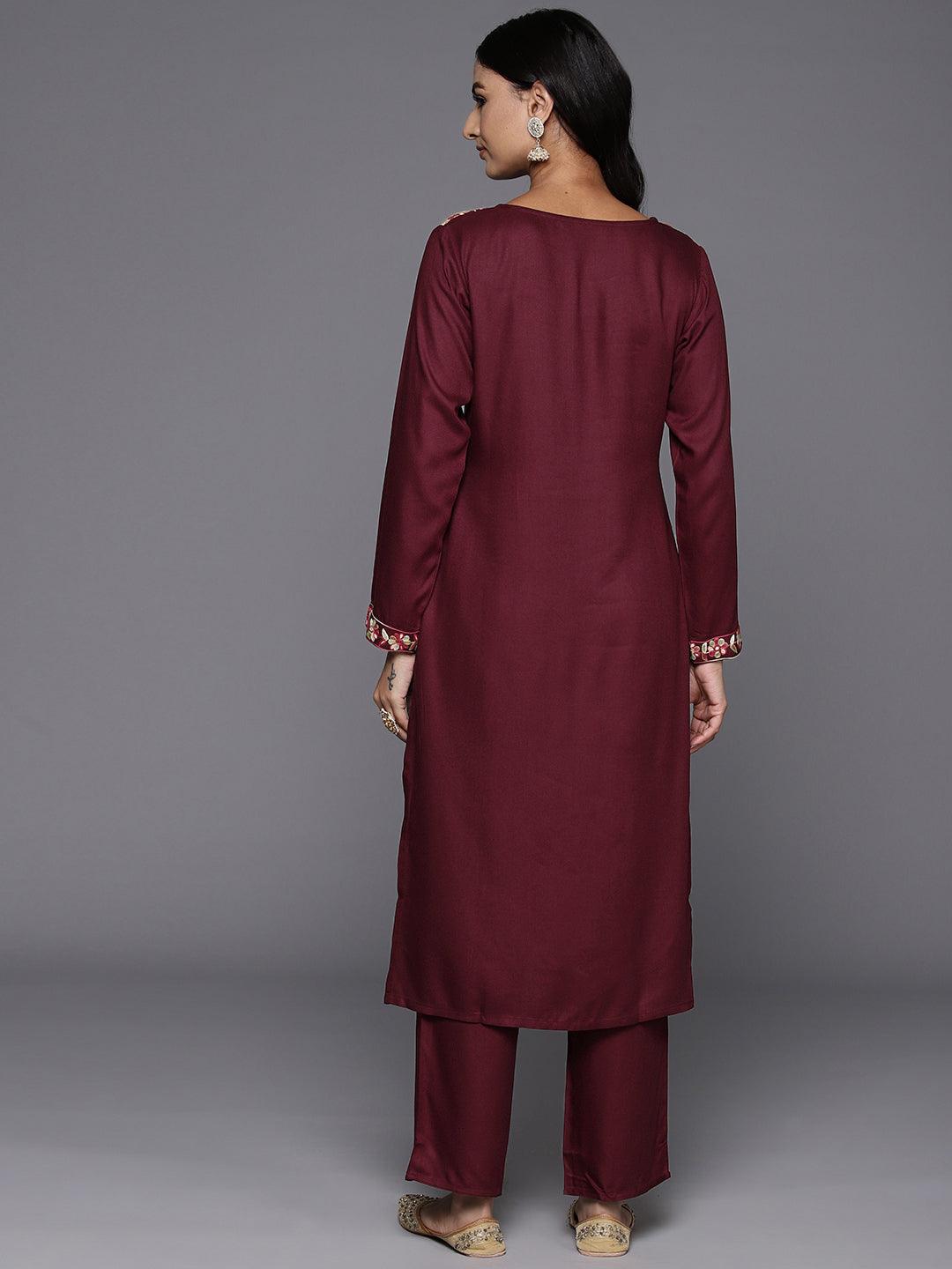Maroon Yoke Design Wool Blend Straight Kurta With Palazzos - ShopLibas 
