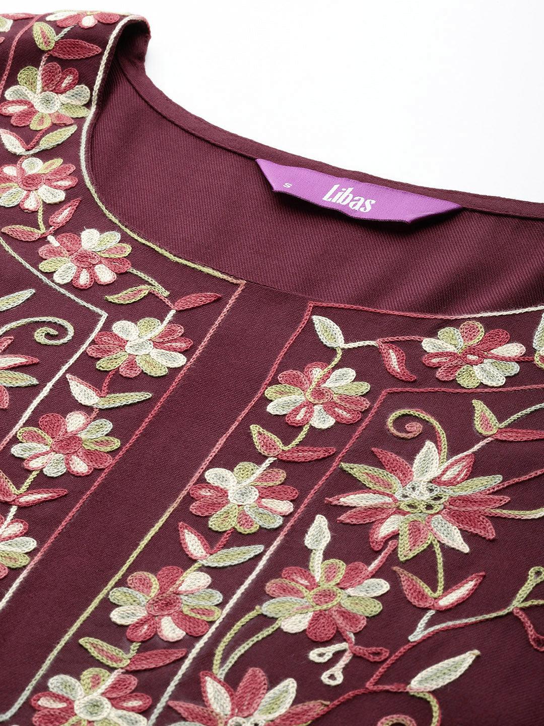 Maroon Yoke Design Wool Blend Straight Kurta With Palazzos - ShopLibas 