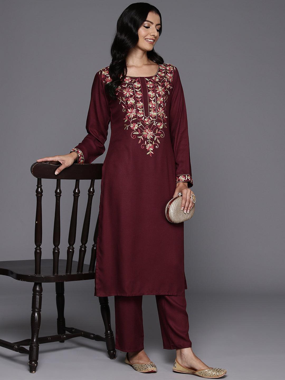 Maroon Yoke Design Wool Blend Straight Kurta With Palazzos - ShopLibas 