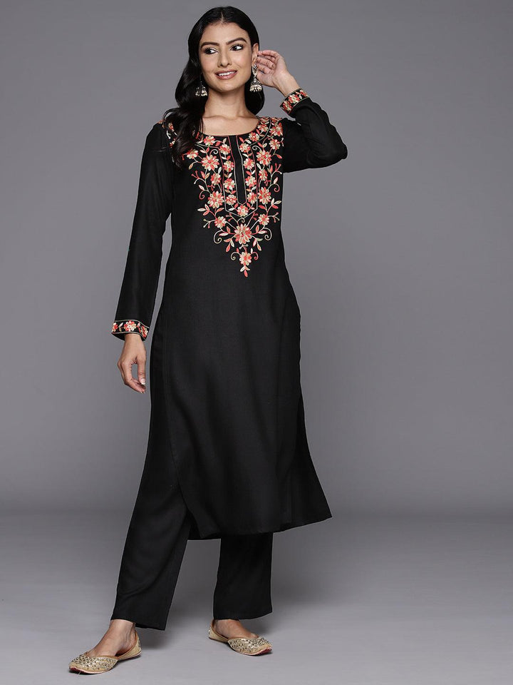 Black Yoke Design Wool Blend Straight Kurta Set