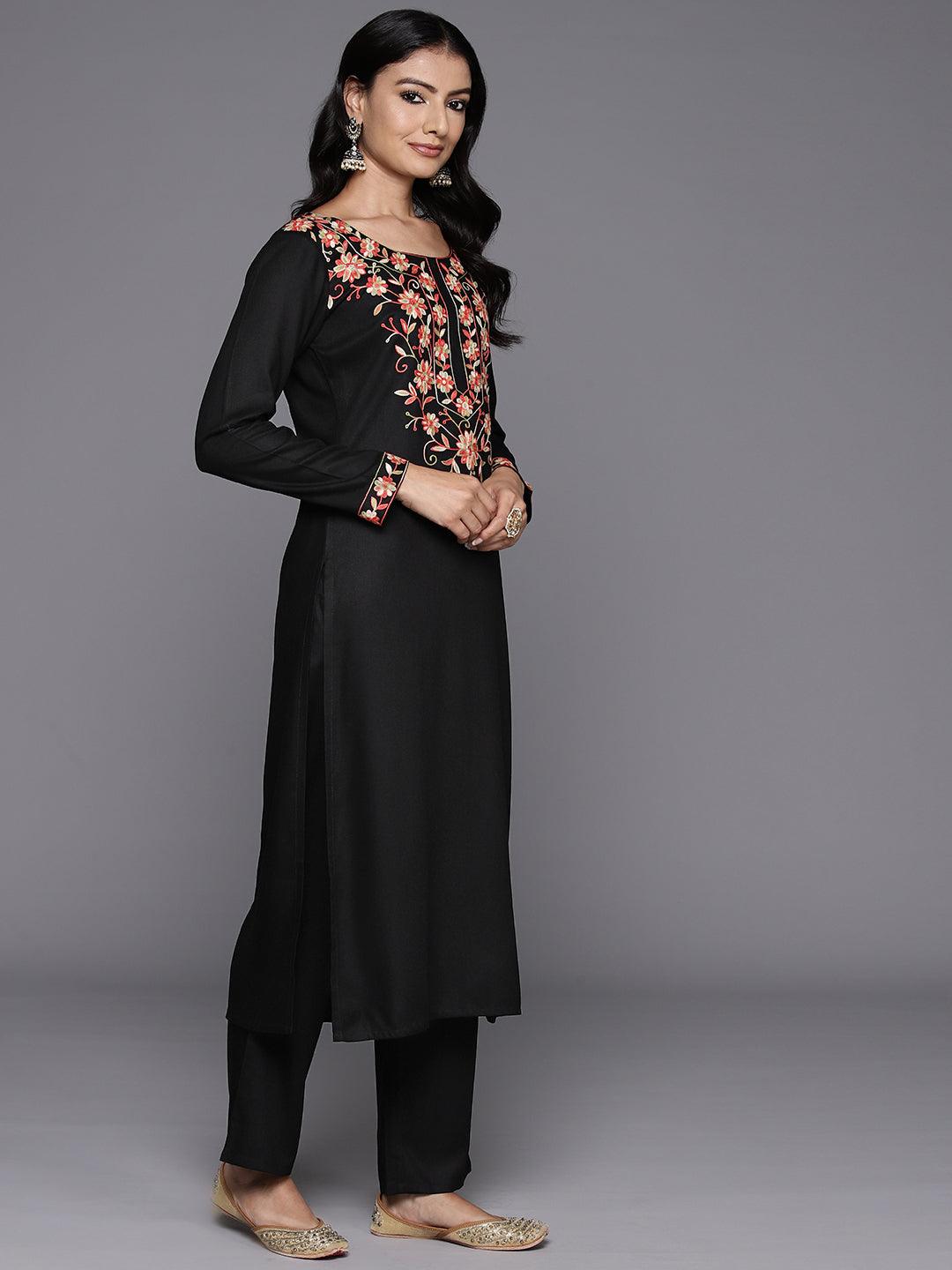 Black Yoke Design Wool Blend Straight Kurta With Palazzos - ShopLibas 
