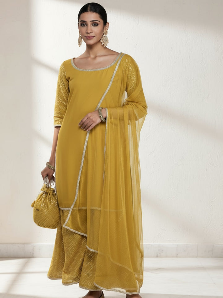 Mustard Solid Georgette Straight Kurta With Palazzos & Dupatta