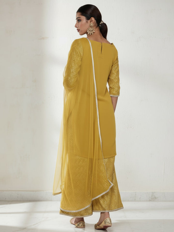 Mustard Solid Georgette Straight Kurta With Palazzos & Dupatta