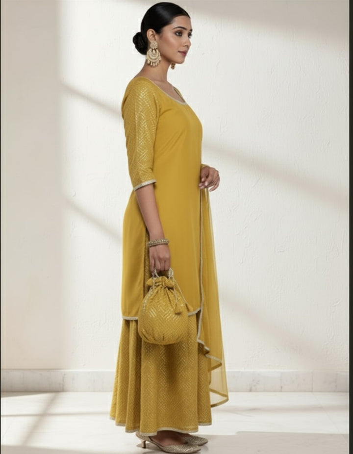 Mustard Solid Georgette Straight Kurta With Palazzos & Dupatta