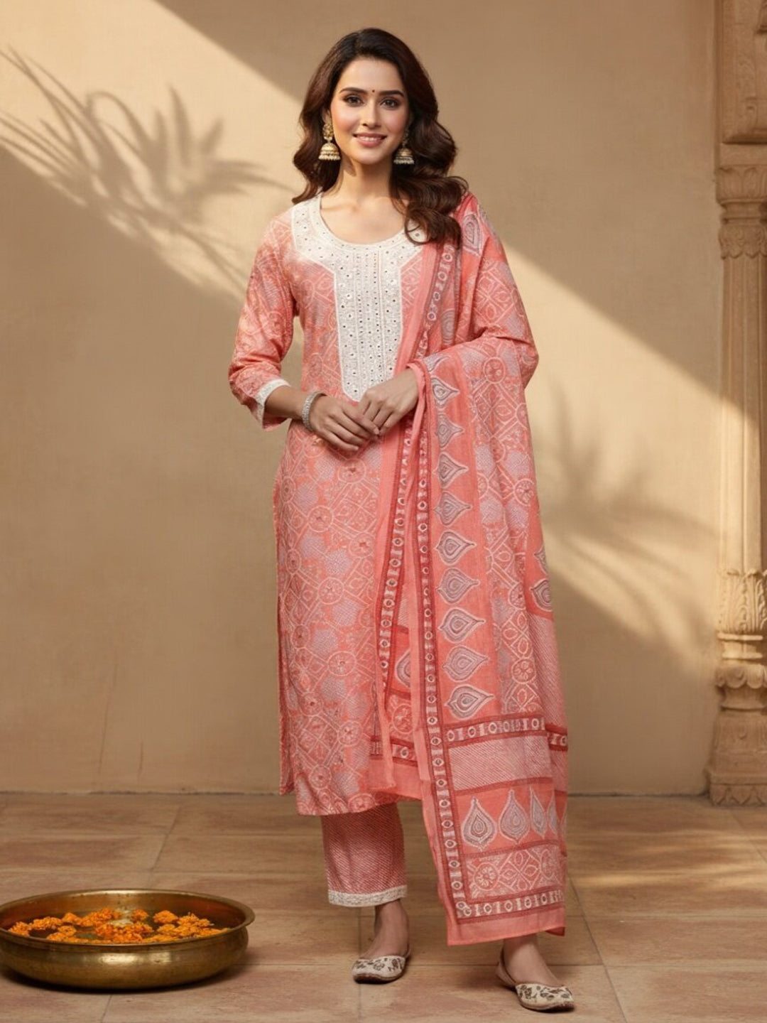 Pink Printed Silk Blend Straight Suit Set
