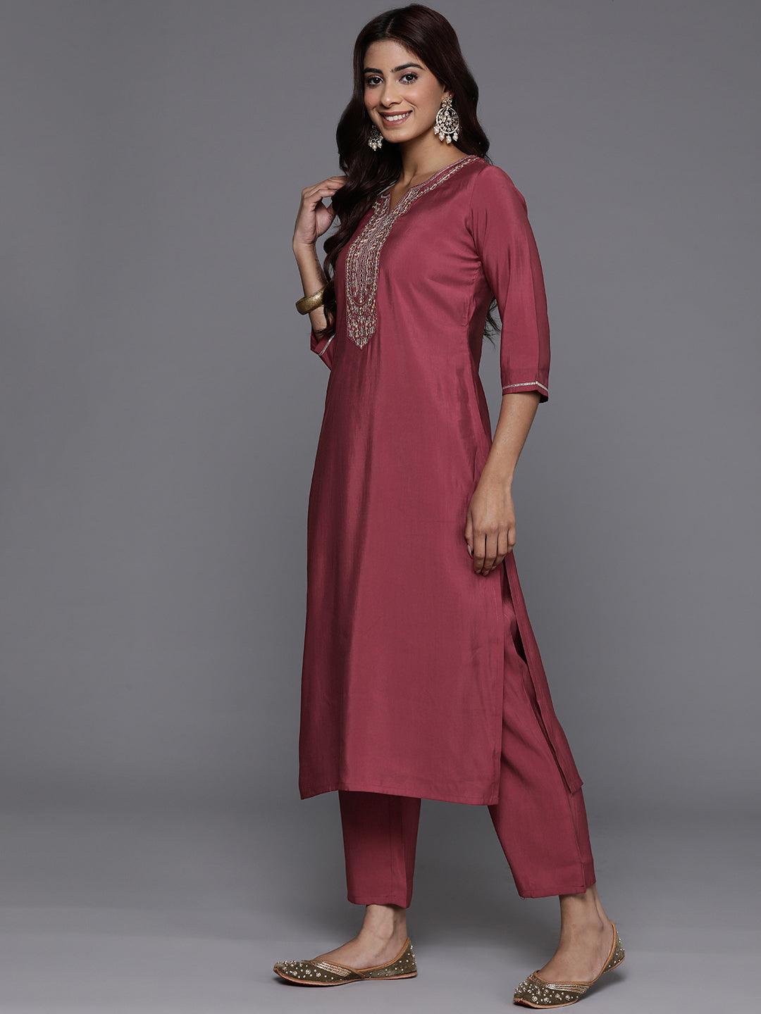 Mauve Yoke Design Silk Blend Straight Kurta With Trousers & Dupatta - ShopLibas 