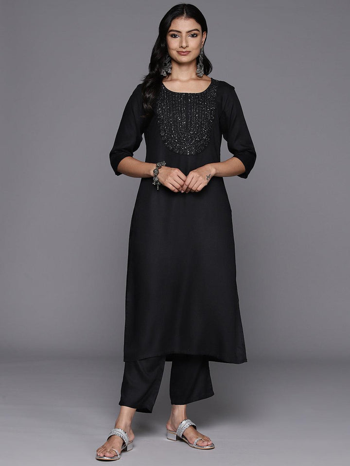 Black Yoke Design Wool Blend Straight Kurta Set