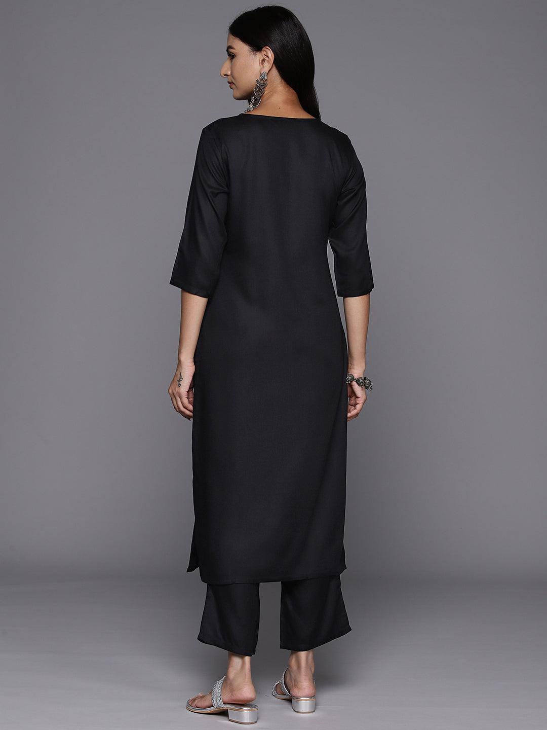 Black Yoke Design Wool Blend Straight Kurta With Trousers - ShopLibas 