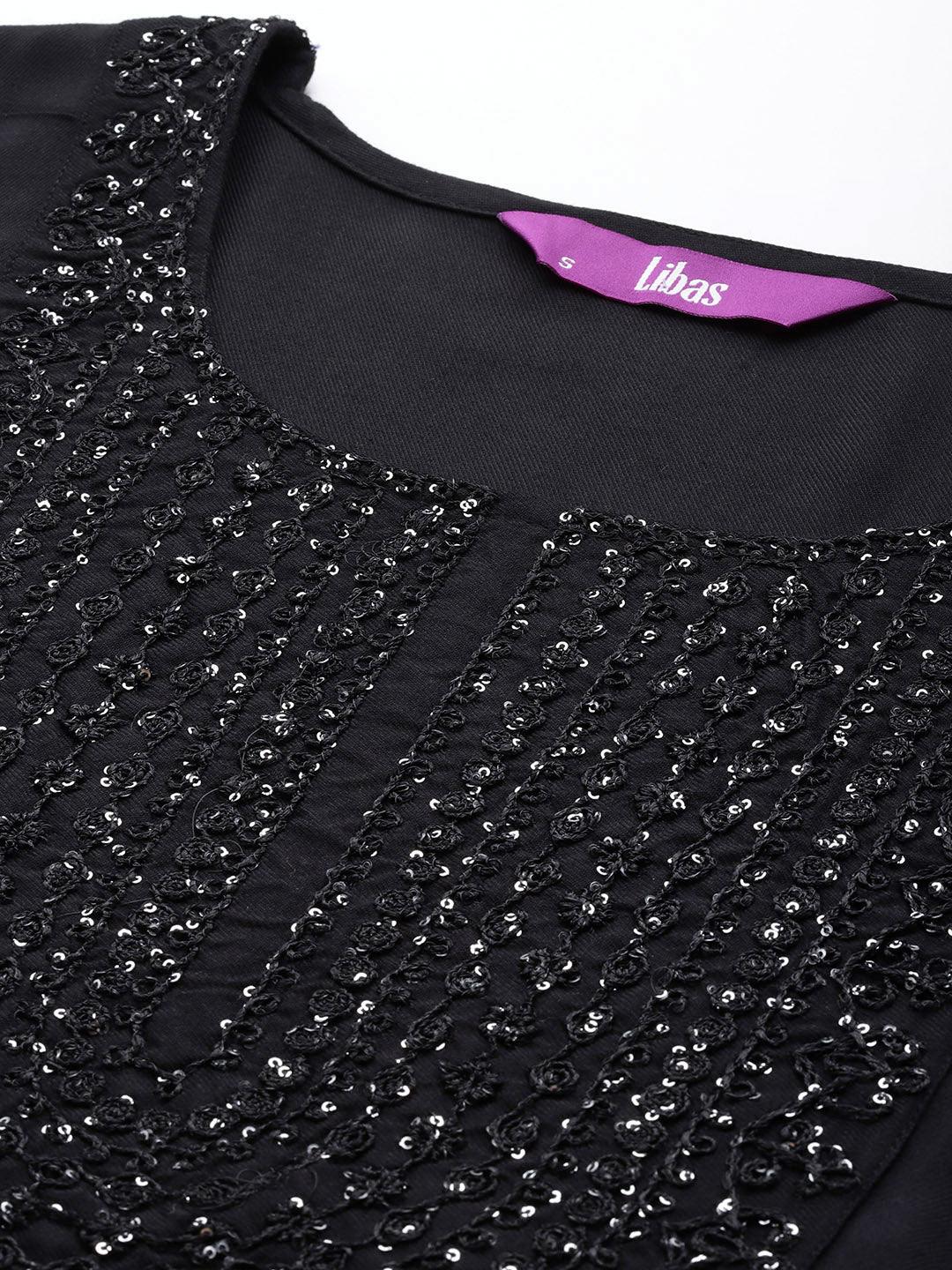 Black Yoke Design Wool Blend Straight Kurta With Trousers - ShopLibas 