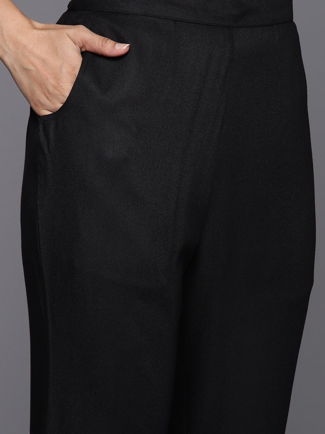 Black Yoke Design Wool Blend Straight Kurta With Trousers - ShopLibas 