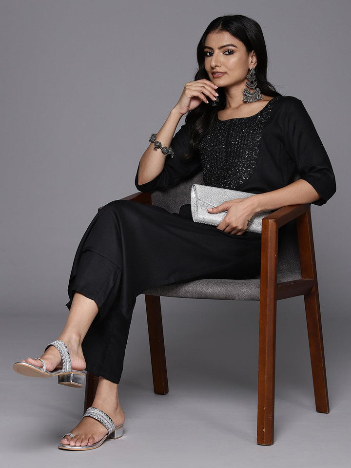 Black Yoke Design Wool Blend Straight Kurta Set
