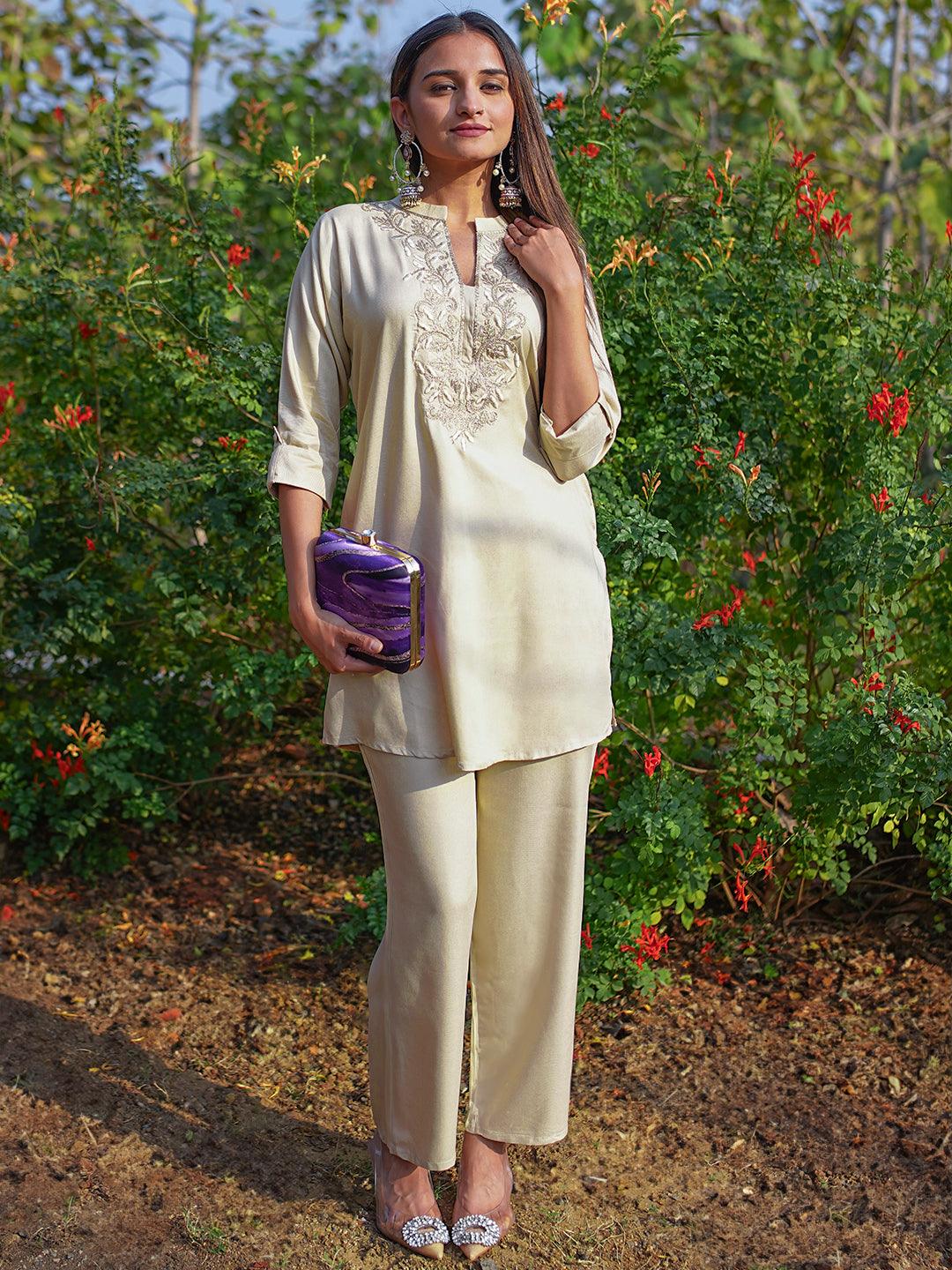 Off White Yoke Design Wool Blend Tunic With Trousers - ShopLibas 