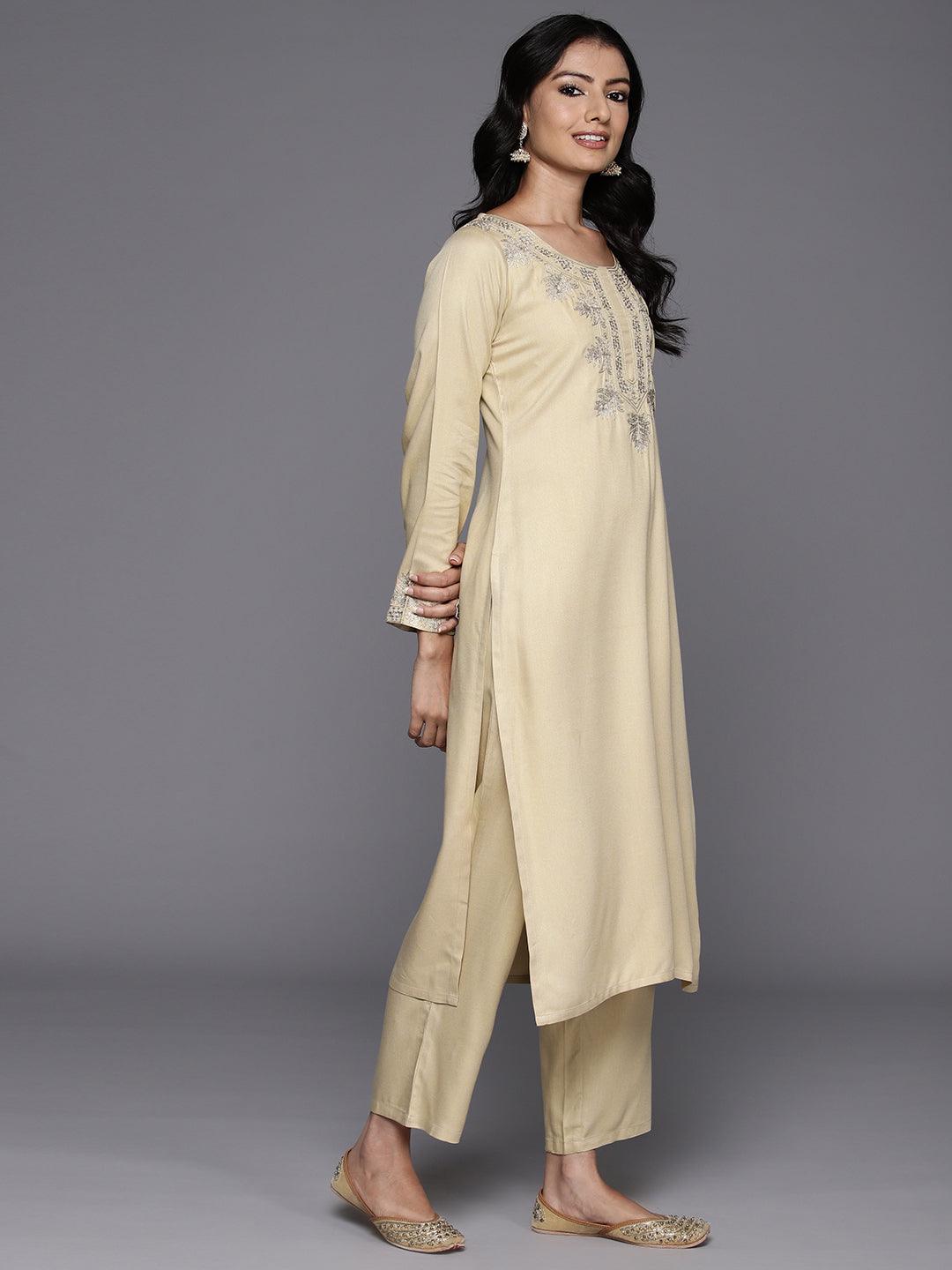 Beige Yoke Design Wool Blend Straight Kurta With Trousers - ShopLibas 