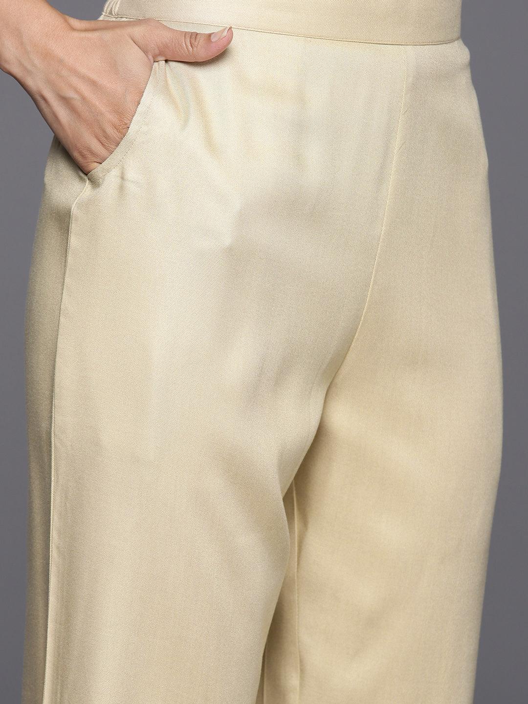 Beige Yoke Design Wool Blend Straight Kurta With Trousers - ShopLibas 