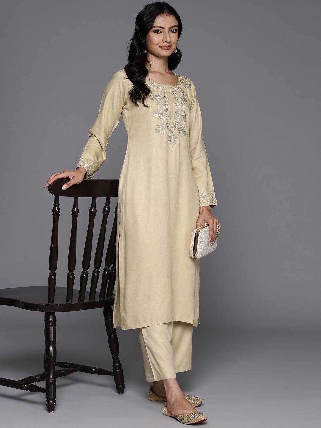 Beige Yoke Design Wool Blend Straight Kurta With Trousers - ShopLibas 