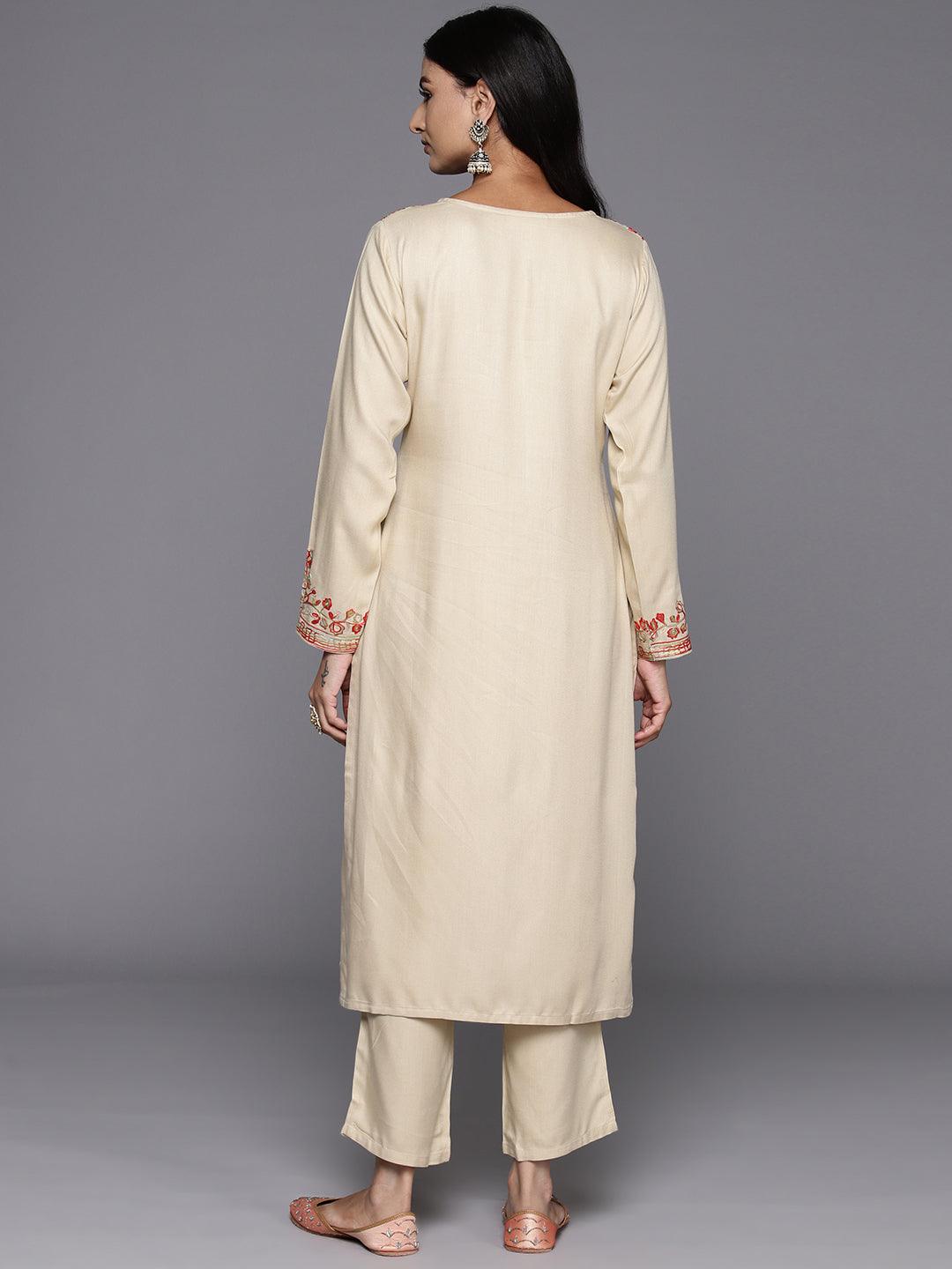 Beige Yoke Design Wool Blend Straight Kurta With Trousers - ShopLibas 