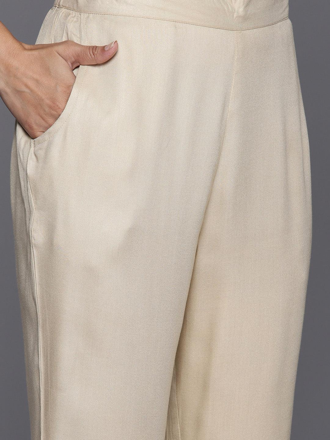 Beige Yoke Design Wool Blend Straight Kurta With Trousers - ShopLibas 