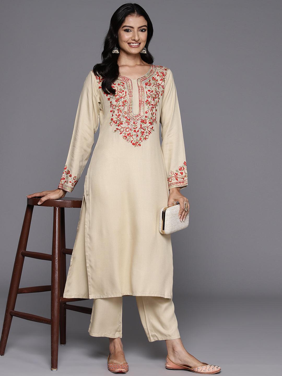 Beige Yoke Design Wool Blend Straight Kurta With Trousers - ShopLibas 
