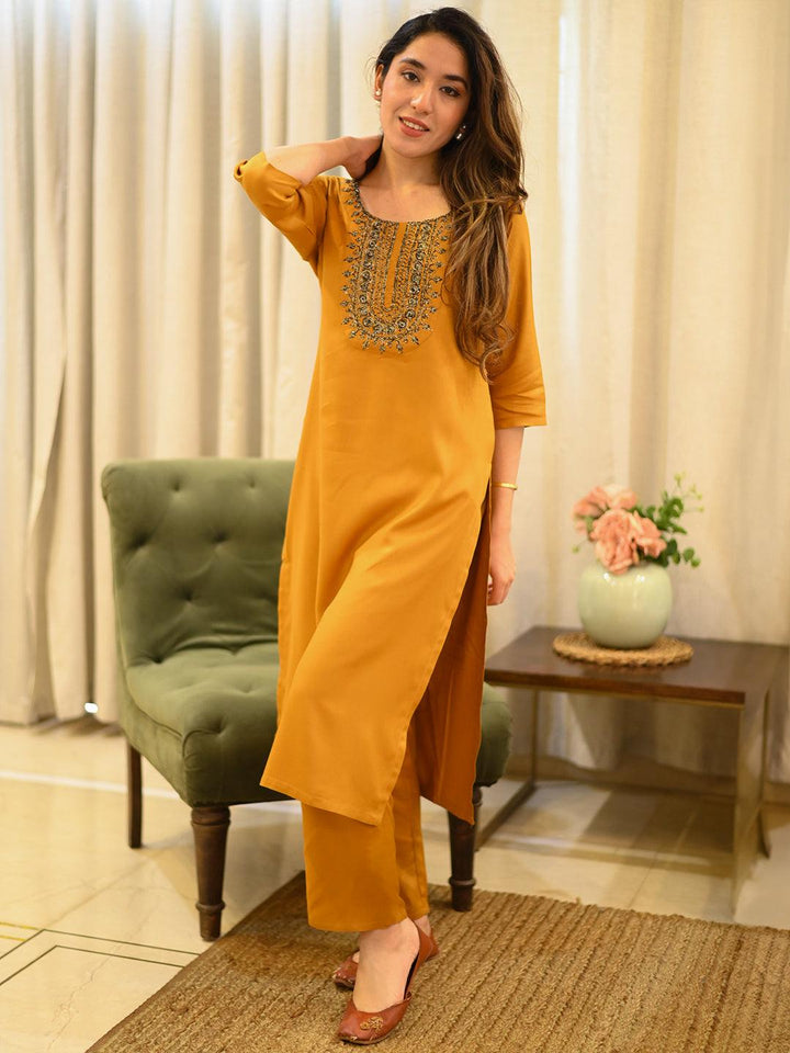 Mustard Yoke Design Wool Blend Straight Kurta Set