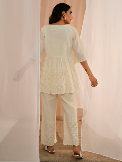 Off White Self Design Cotton Tunic With Palazzos