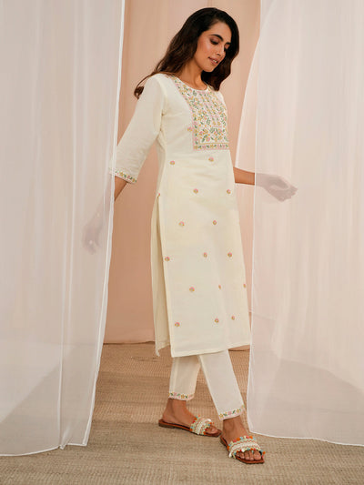 Off White Yoke Design Cotton Straight Suit With Dupatta