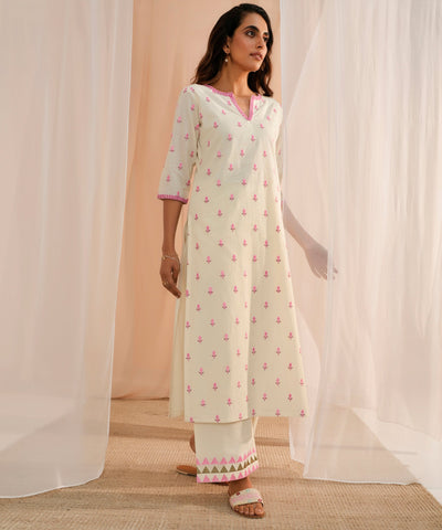 Off White Embroidered Cotton Straight Suit With Dupatta