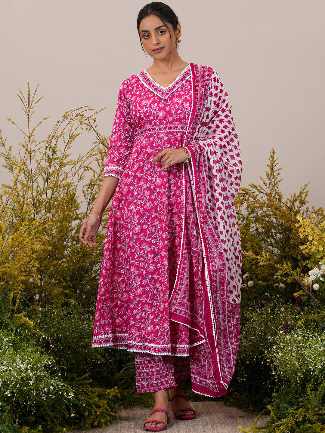 Pink Printed Cotton A-Line Kurta With Trousers & Dupatta - ShopLibas 