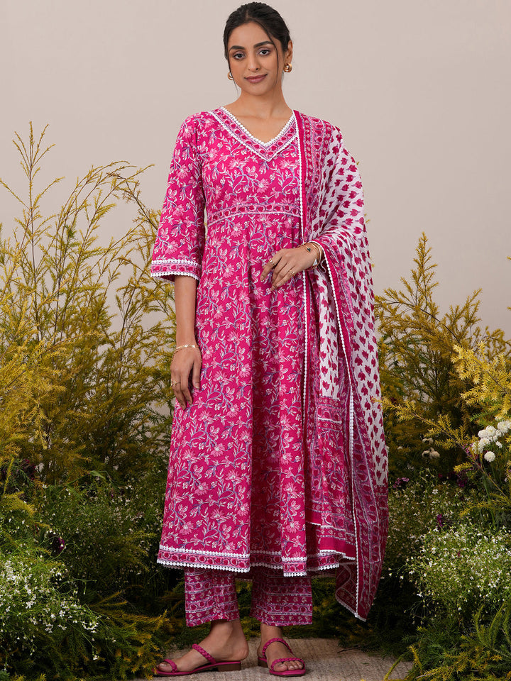 Pink Printed Cotton A-Line Kurta With Trousers & Dupatta