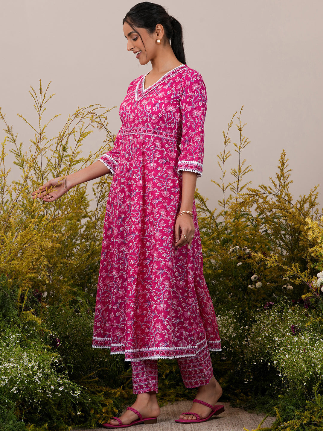 Pink Printed Cotton A-Line Kurta With Trousers & Dupatta - ShopLibas 