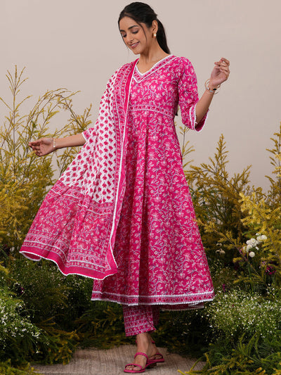 Pink Printed Cotton A-Line Kurta With Trousers & Dupatta - ShopLibas