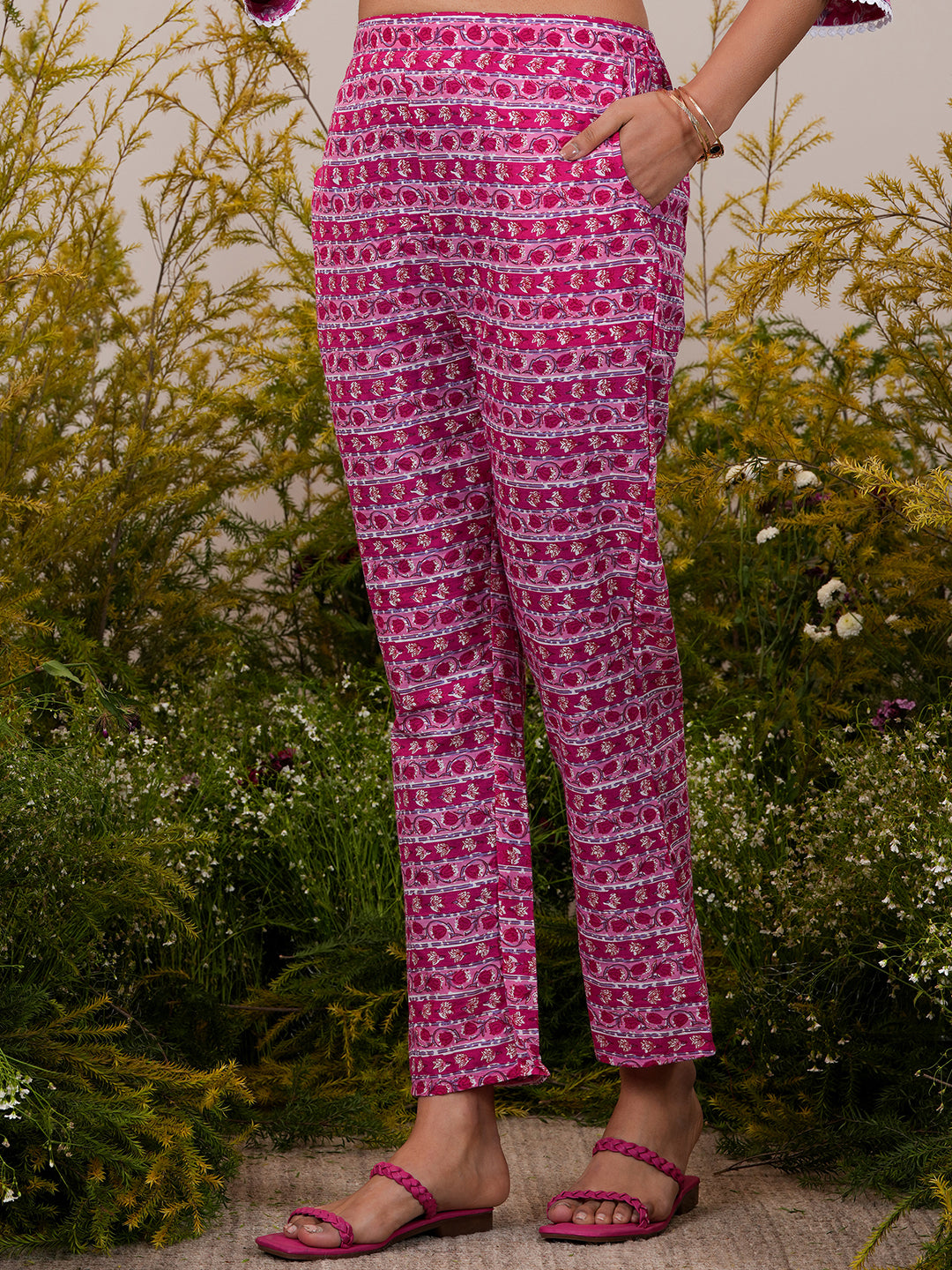 Pink Printed Cotton A-Line Kurta With Trousers & Dupatta - ShopLibas 