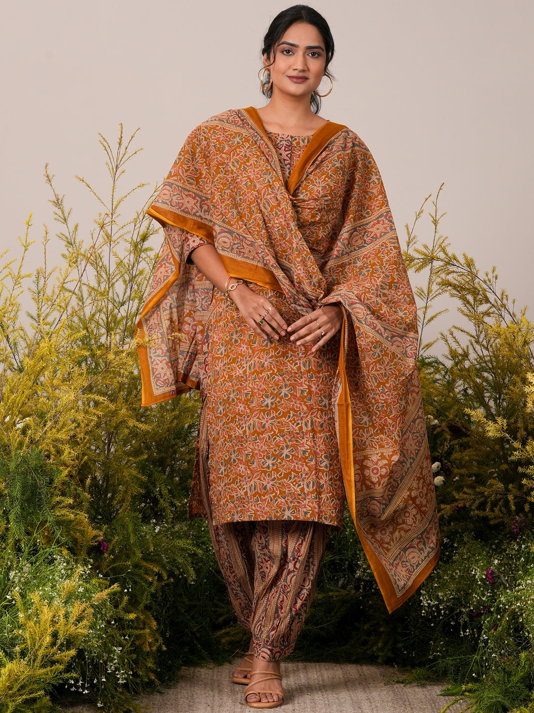 Mustard Printed Cotton Straight Kurta With Salwar & Dupatta - ShopLibas