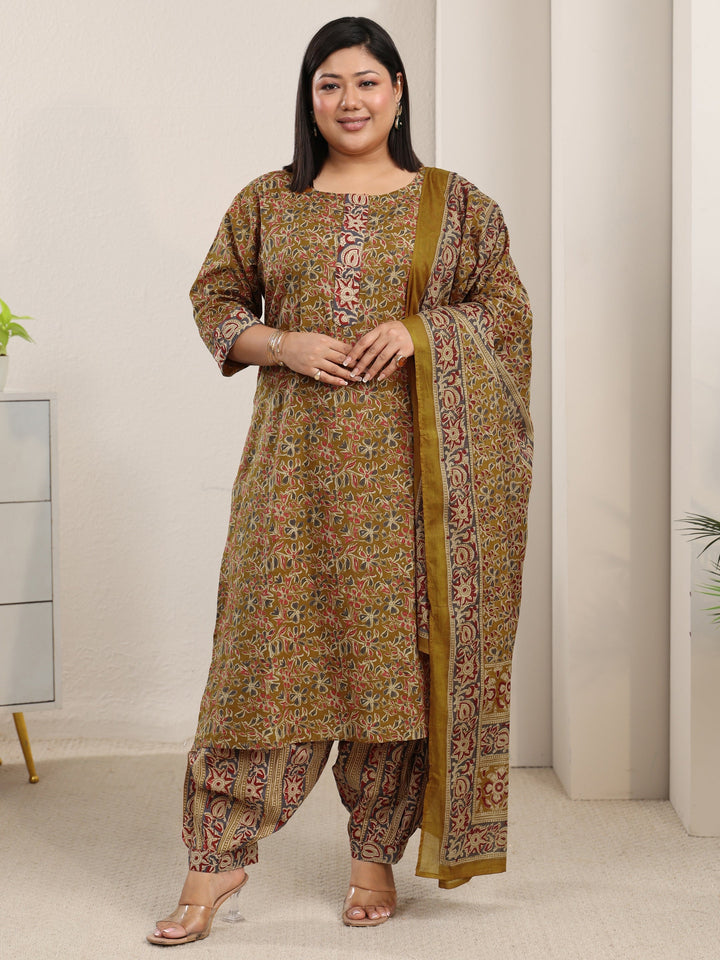 Plus Size Mustard Printed Cotton Straight Suit With Dupatta