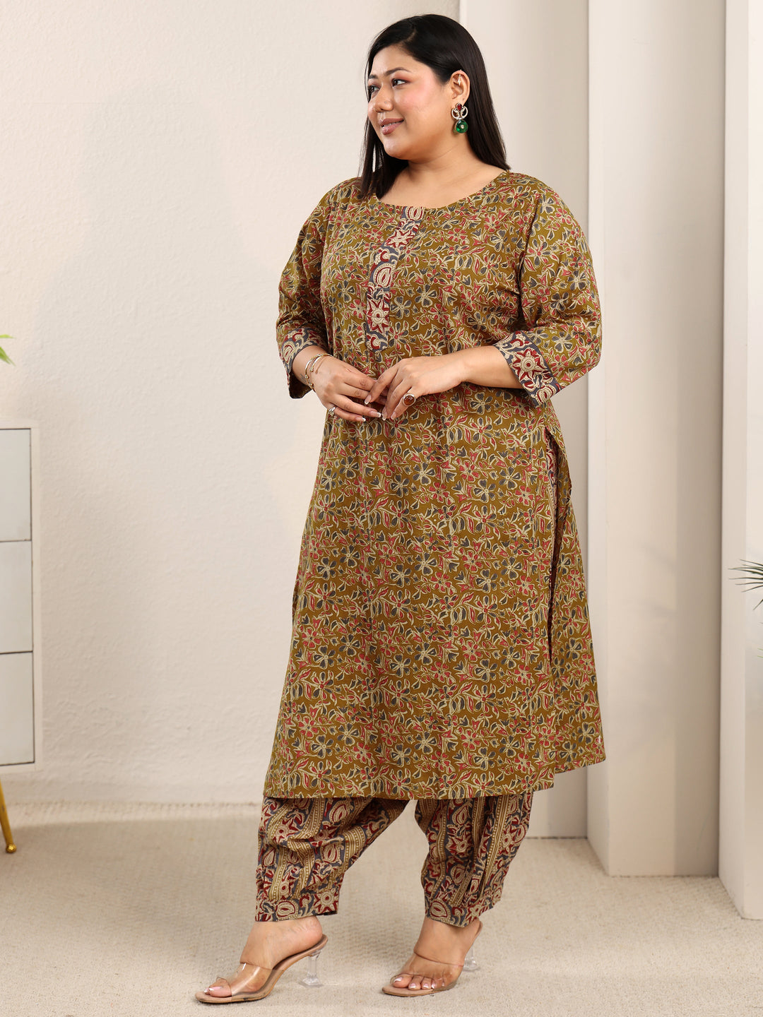 Plus Size Mustard Printed Cotton Straight Suit With Dupatta
