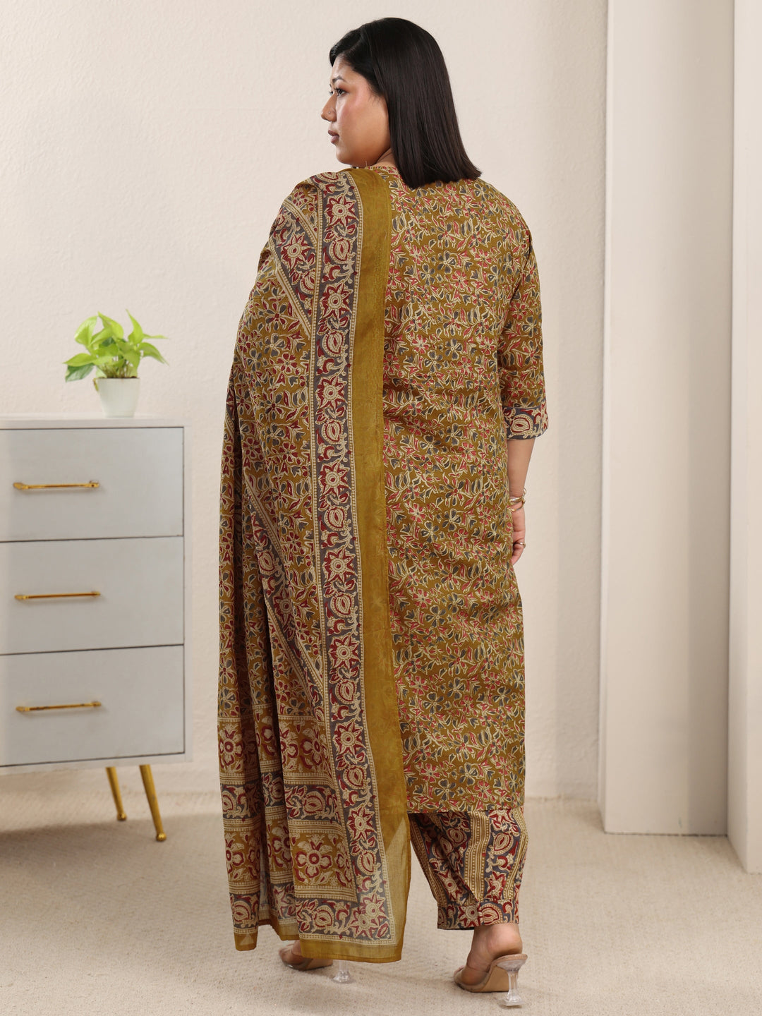 Plus Size Mustard Printed Cotton Straight Suit With Dupatta