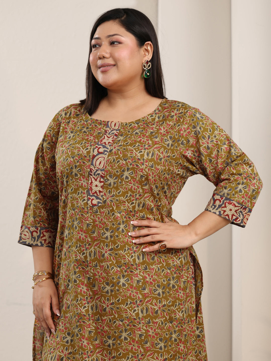 Plus Size Mustard Printed Cotton Straight Suit With Dupatta