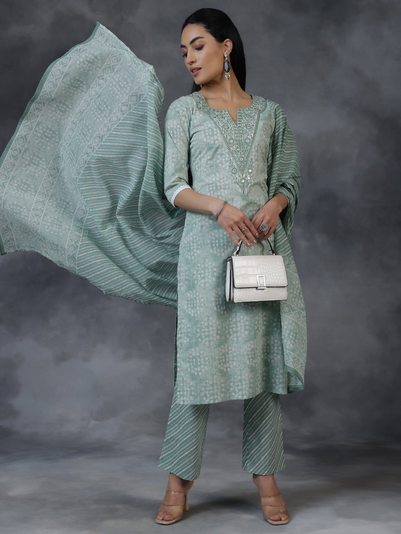 Green Printed Cotton Straight Suit With Dupatta