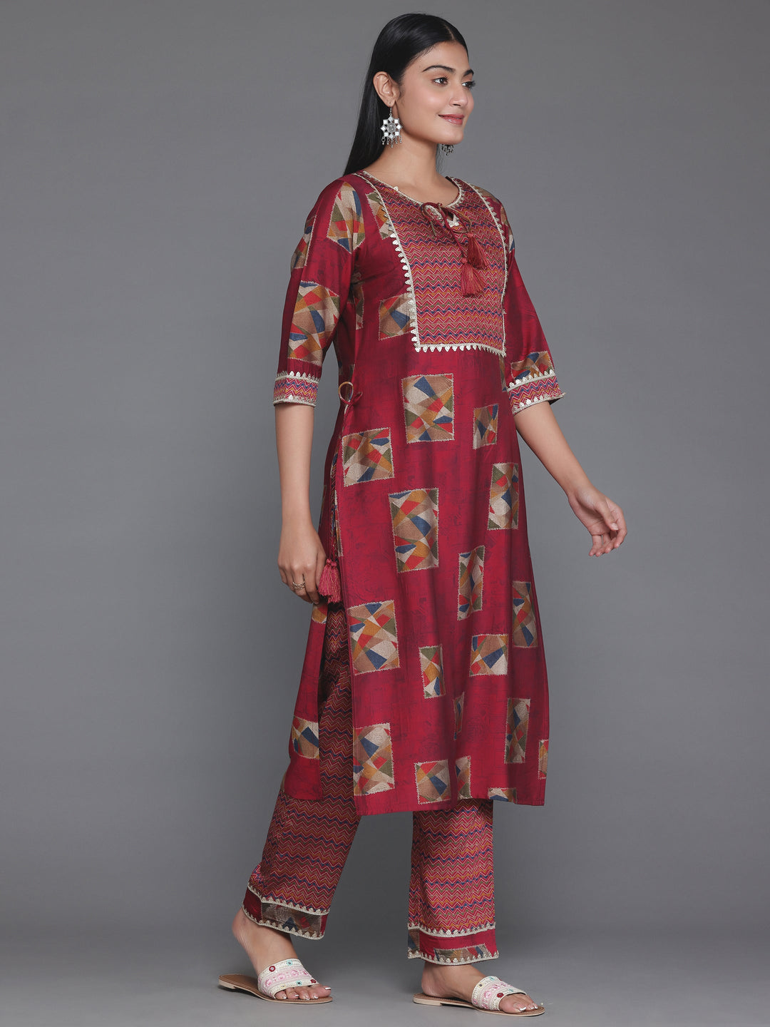 Maroon Printed Silk Blend Straight Suit With Dupatta