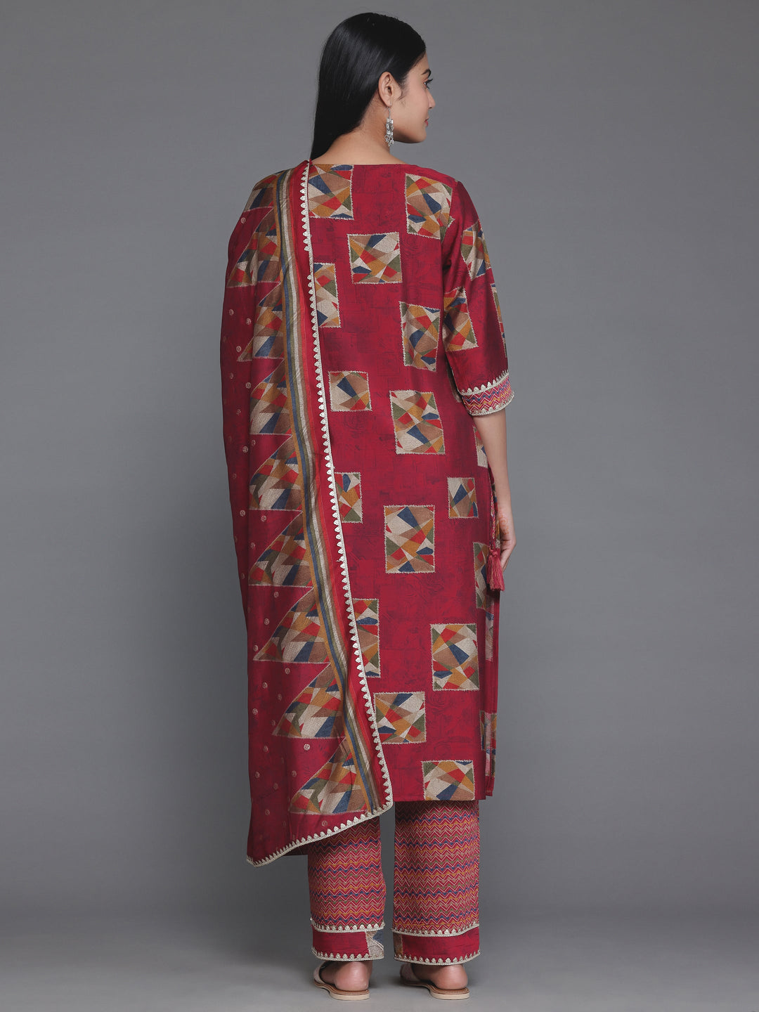 Maroon Printed Silk Blend Straight Suit With Dupatta