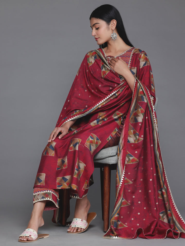 Maroon Printed Silk Blend Straight Suit With Dupatta